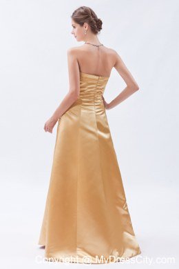 Champagne Sheath Strapless Long Ruching Bridesmaid Dress