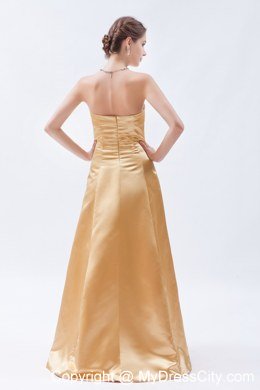 Champagne Sheath Strapless Long Ruching Bridesmaid Dress