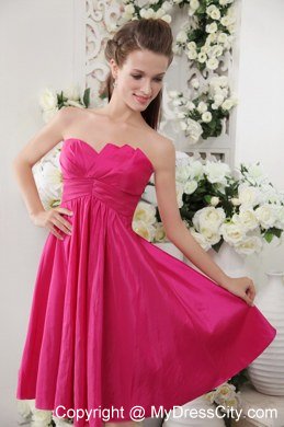 Hot Pink asymmetrical Neckline Empire Knee-length Bridesmaid Dress