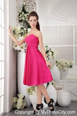 Hot Pink asymmetrical Neckline Empire Knee-length Bridesmaid Dress