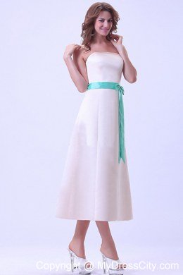 Champagne A-line Strapless Tea-length Sash Bridesmaid Dress