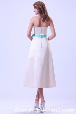 Champagne A-line Strapless Tea-length Sash Bridesmaid Dress