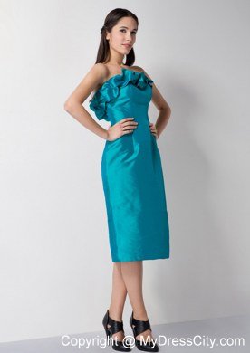 Teal Column Flowery Sweetheart Tea-length Bridesmaid Dress