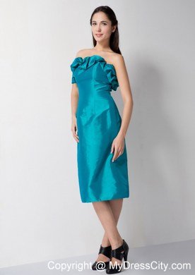 Teal Column Flowery Sweetheart Tea-length Bridesmaid Dress