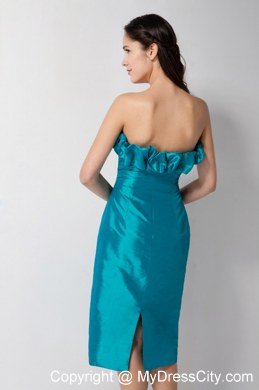 Teal Column Flowery Sweetheart Tea-length Bridesmaid Dress