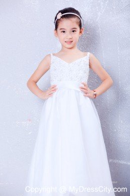 V-neck Floor-length Taffeta and Organza Beading Little Girl Dress