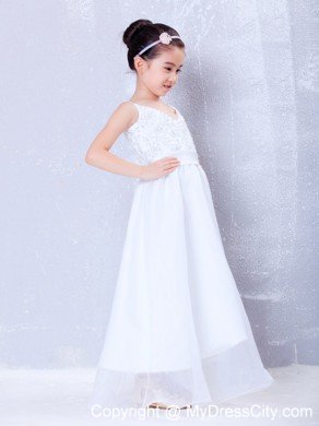 V-neck Floor-length Taffeta and Organza Beading Little Girl Dress