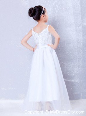 V-neck Floor-length Taffeta and Organza Beading Little Girl Dress