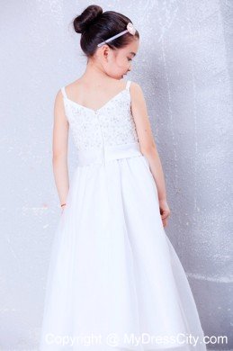 V-neck Floor-length Taffeta and Organza Beading Little Girl Dress