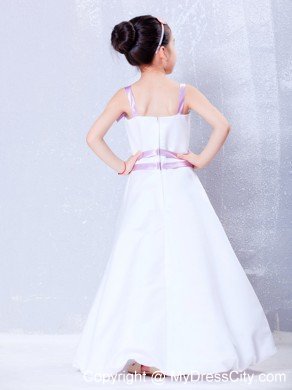 Bowknot Decorated for Straps Ankle-length Taffeta Flower Girl Dress