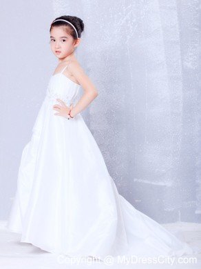 Princess Straps Court Train Taffeta Appliques Dress for Flower Girls