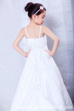 Princess Straps Court Train Taffeta Appliques Dress for Flower Girls