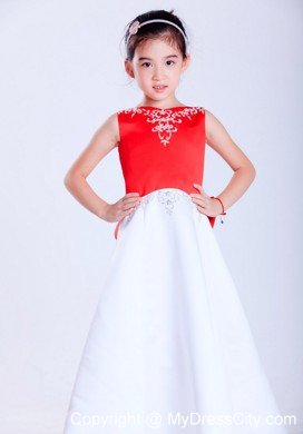 V-neck Princess Ankle-length Satin Embroidery Flower Girl Dress