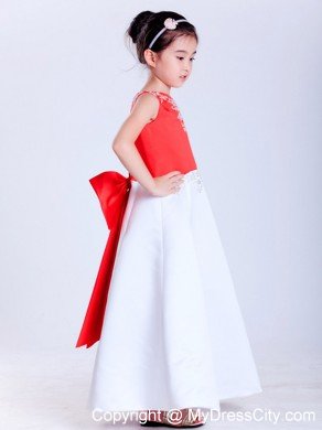 V-neck Princess Ankle-length Satin Embroidery Flower Girl Dress