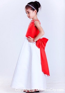 V-neck Princess Ankle-length Satin Embroidery Flower Girl Dress