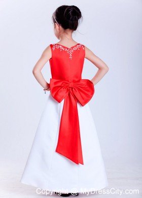 V-neck Princess Ankle-length Satin Embroidery Flower Girl Dress