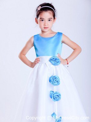 Tea-length Taffeta and Organza Flower Girl Dress with Handle Flowers