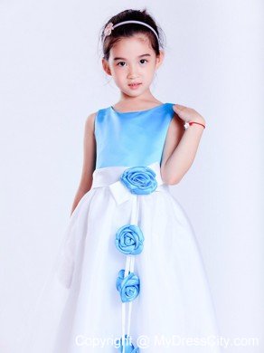 Tea-length Taffeta and Organza Flower Girl Dress with Handle Flowers