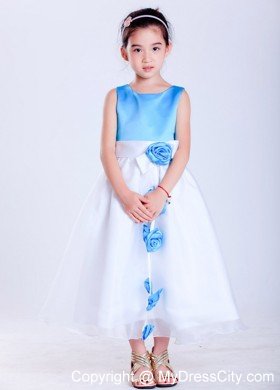 Tea-length Taffeta and Organza Flower Girl Dress with Handle Flowers