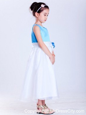 Tea-length Taffeta and Organza Flower Girl Dress with Handle Flowers