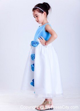 Tea-length Taffeta and Organza Flower Girl Dress with Handle Flowers