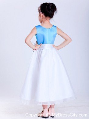 Tea-length Taffeta and Organza Flower Girl Dress with Handle Flowers