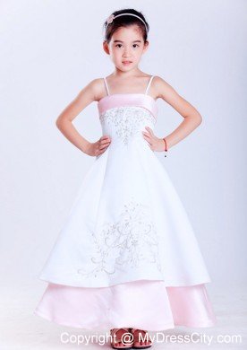 Straps Ankle-length Taffeta and Satin Embroidery Little Girl Dress