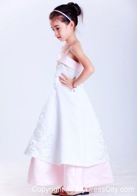 Straps Ankle-length Taffeta and Satin Embroidery Little Girl Dress