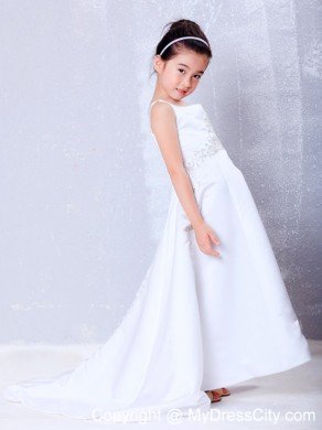 Asymmetrical Square Brush Train Satin Beading Little Girl Dress