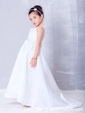 Asymmetrical Square Brush Train Satin Beading Little Girl Dress