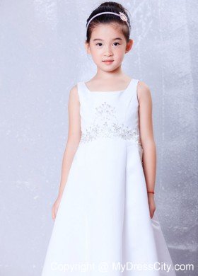 Asymmetrical Square Brush Train Satin Beading Little Girl Dress