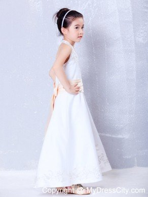 Halter Top Ankle-length Satin Embroidery Belt Flower Girl Dress