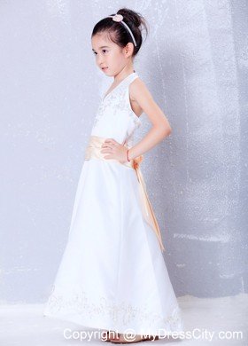 Halter Top Ankle-length Satin Embroidery Belt Flower Girl Dress