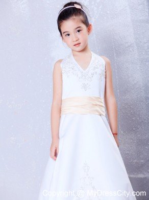 Halter Top Ankle-length Satin Embroidery Belt Flower Girl Dress