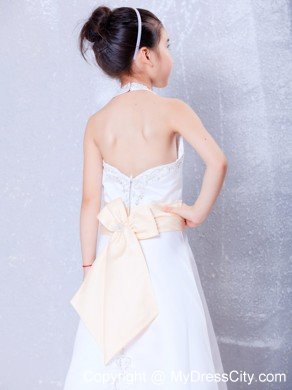 Halter Top Ankle-length Satin Embroidery Belt Flower Girl Dress