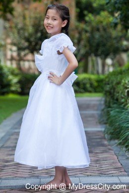 Ankle-length Taffeta and Organza Flower Girl Dress with Bowknot