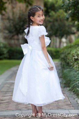 Ankle-length Taffeta and Organza Flower Girl Dress with Bowknot