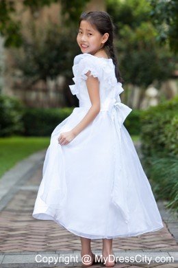 Ankle-length Taffeta and Organza Flower Girl Dress with Bowknot