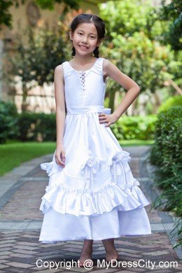 Scoop Ankle-length Taffeta Ruched Handle Flowers Flower Girl Dress