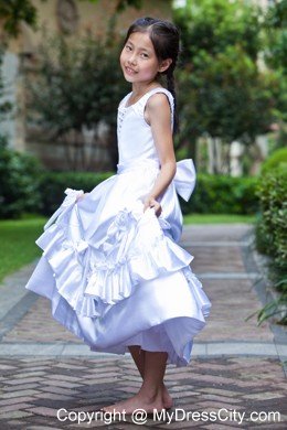 Scoop Ankle-length Taffeta Ruched Handle Flowers Flower Girl Dress