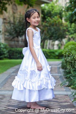 Scoop Ankle-length Taffeta Ruched Handle Flowers Flower Girl Dress