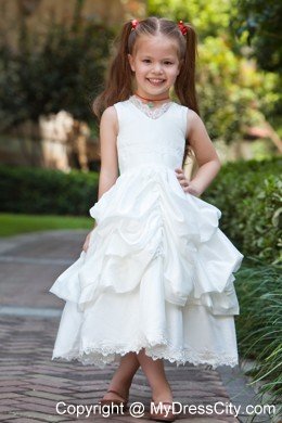 Tea-length Taffeta and Lace Flower Girl Dress with ruches layer