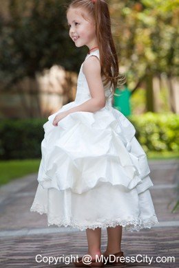 Tea-length Taffeta and Lace Flower Girl Dress with ruches layer