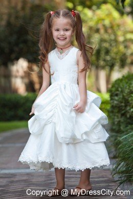 Tea-length Taffeta and Lace Flower Girl Dress with ruches layer