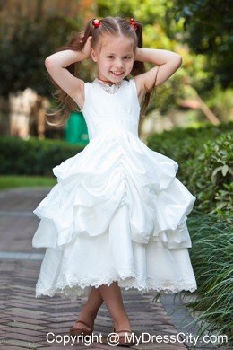 Tea-length Taffeta and Lace Flower Girl Dress with ruches layer