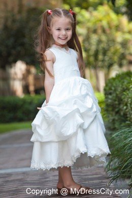 Tea-length Taffeta and Lace Flower Girl Dress with ruches layer