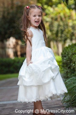 Tea-length Taffeta and Lace Flower Girl Dress with ruches layer