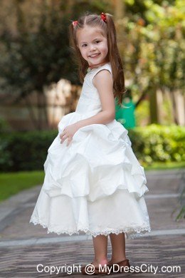 Tea-length Taffeta and Lace Flower Girl Dress with ruches layer