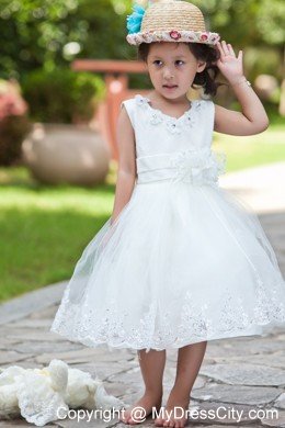 Taffeta and Organza Flower Girl Dress with Handle Flowers and Beading