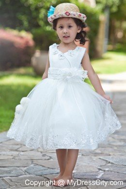 Taffeta and Organza Flower Girl Dress with Handle Flowers and Beading